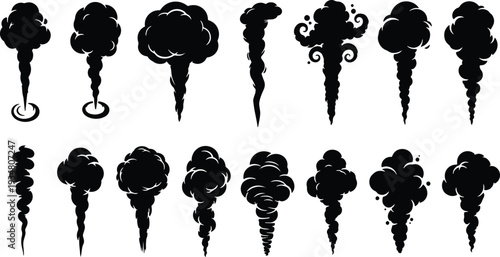 A set of vector line art tornado silhouettes in various shapes and sizes on a white background silhouette