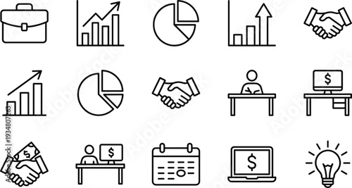 Modern Thin Line Corporate Business Icons Set with Analytics, Growth Chart, Partnership, Investment, Office Work and Innovation Symbols