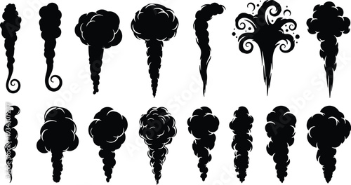 A set of vector line art tornado silhouettes in various shapes and sizes on a white background silhouette