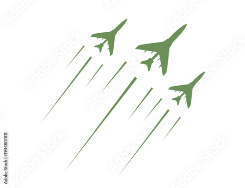 Military fighter aircraft squadron flying in formation with trails
