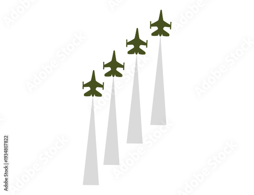 Military fighter aircraft squadron flying in formation with trails
