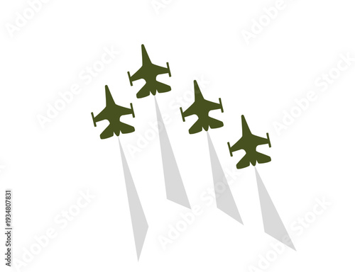 Military fighter aircraft squadron flying in formation with trails
