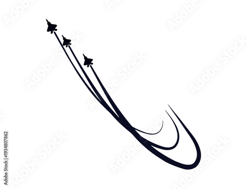 Jet fighter planes flying with long smoke trails or contrails
