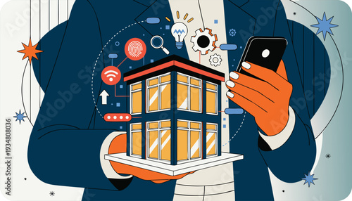 Man Holding Smart Home Model with Smartphone and Digital in Flat (29) de