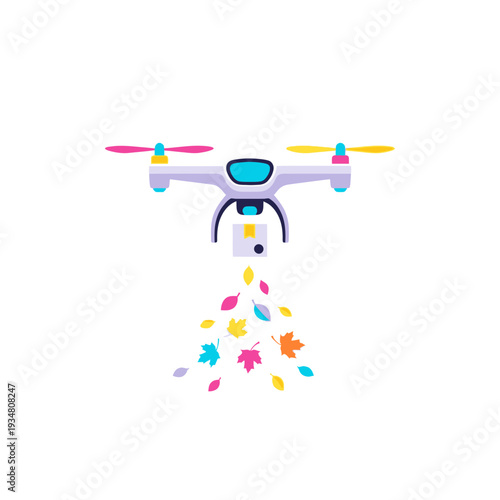 "A colorful drone releasing vibrant leaves in a playful manner, showcasing innovative agricultural technology for eco-friendly farming applications."