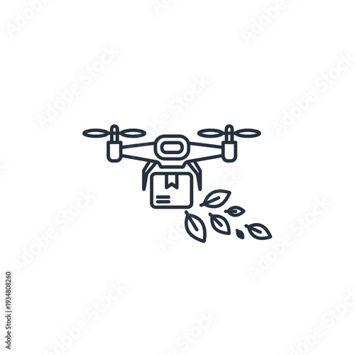 "A minimalist line art illustration of a drone delivering a package while releasing leaves, symbolizing eco-friendly delivery solutions and carbon tracking."