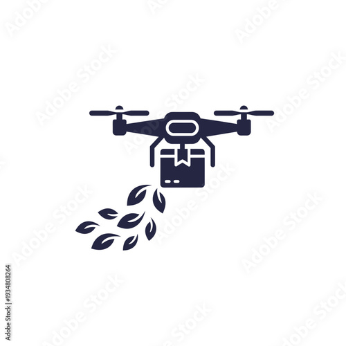 "A modern agricultural drone delivering seed packets while dispersing leaves, symbolizing innovative farming solutions and sustainability."