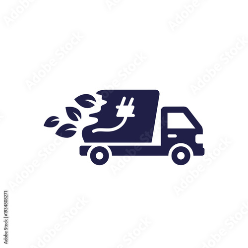"An electric delivery truck graphic featuring a plug symbol and leaves, representing eco-friendly transport solutions for sustainable logistics."