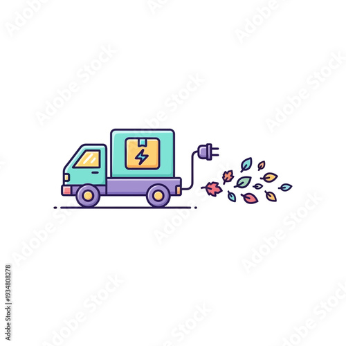 "A vibrant illustration of an electric delivery truck emitting colorful leaves to symbolize eco-friendly transportation and carbon tracking."
