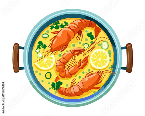 Authentic Spanish Seafood Paella with Prawns and Lemon Garnish Served in Traditional Metal Cooking Pot Dish - Vector Illustration