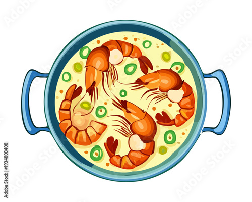 Top View of Delicious Prawn and Seafood Stew in Pot with Fresh Lemon Slices and Green Herbs - Vector Illustration