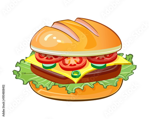 Classic American Beef Burger with Fresh Lettuce Tomato Cheese and Onion on Soft Sesame Seed Bun Roll - Vector Illustration