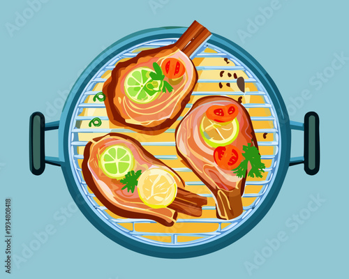 Roasted Chicken Wings and Thighs with Lemon and Herbs Served in Blue Skillet for Family Dinner Meal - Vector Illustration