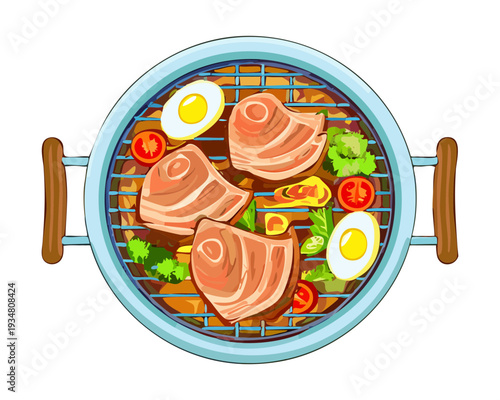 Pan Seared Meat Medallions with Boiled Eggs and Fresh Vegetables in Traditional Metal Cooking Pot Dish - Vector Illustration