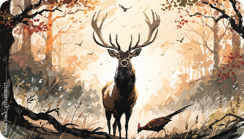 Stag with large antlers stands in a stylized autumn forest with a pheasant and birds flying... light