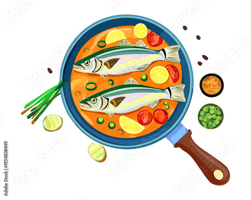 Pan Fried Fish with Herbs and Spices Served in Skillet for Healthy Low Calorie Seafood Dinner Option - Vector Illustration