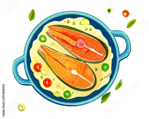 Pan Seared Salmon Steaks with Lemon and Herbs in Blue Skillet for Nutritious High Protein Healthy Diet - Vector Illustration