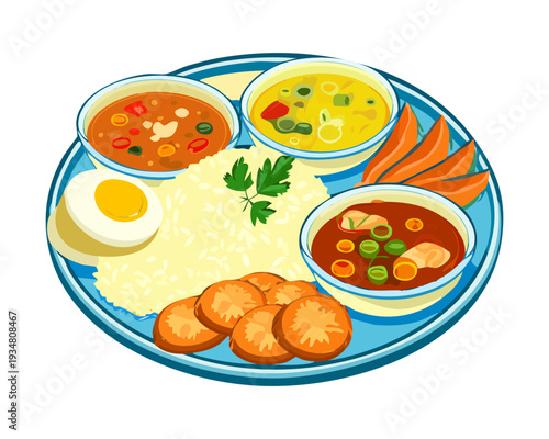 Indian Meal Set with Rice Dal and Various Curries Served on Traditional Round Stainless Steel Plate - Vector Illustration