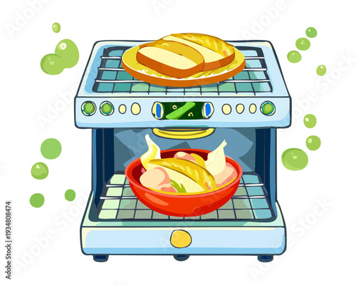Freshly Baked Bread Slices in Modern Kitchen Oven for Delicious Homemade Breakfast or Healthy Snack Option - Vector Illustration