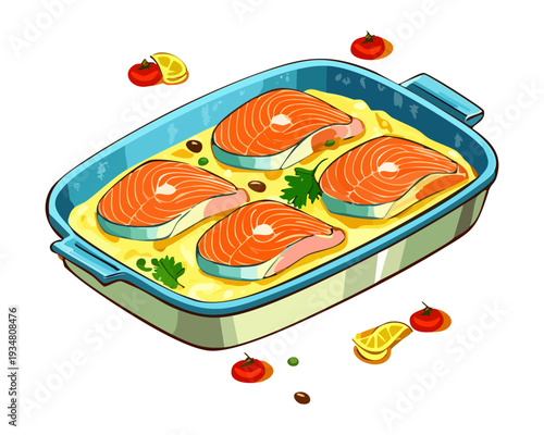 Baked Fish Fillets with Tomatoes and Herbs in Blue Rectangular Casserole Dish for Healthy Family Meal - Vector Illustration