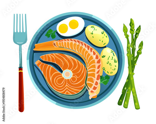 Grilled Salmon Steak Served with Boiled Eggs and Asparagus on Blue Plate for Healthy Low Carb Meal - Vector Illustration