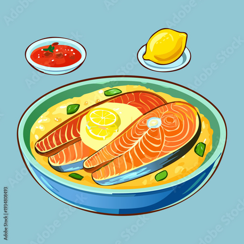 Pan Seared Fish Fillet with Lemon and Dipping Sauce for Healthy Gourmet Seafood Lunch or Dinner - Vector Illustration