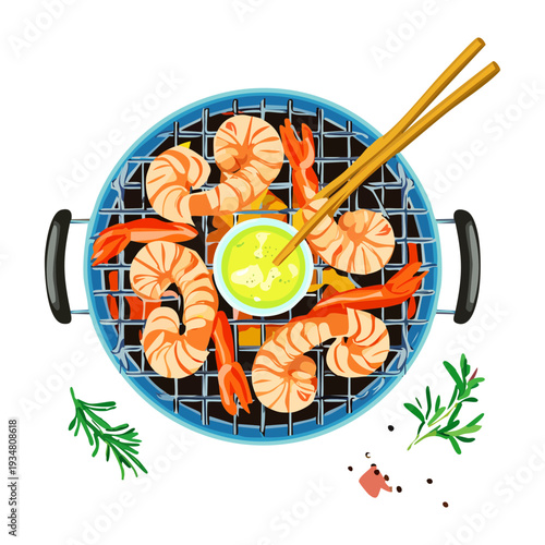 Pan Seared Prawns with Fresh Herbs and Lemon for Gourmet Seafood Appetizer or Healthy Lunch Option - Vector Illustration