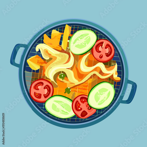 Healthy Vegetable Stew with Tomatoes and Greens in Blue Pot for Nutritious Vegetarian Dinner Meal - Vector Illustration