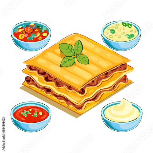 Multi Layered Beef Lasagna with Fresh Herbs and Dipping Sauces for Traditional Italian Dinner Menu - Vector Illustration