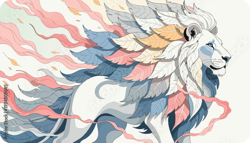 White lion with feathered mane and tail in pastel colors against a soft gradient background with