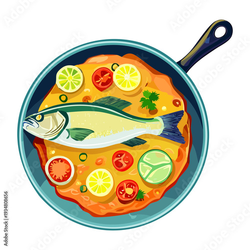 Grilled Fish Fillets with Tomatoes and Herbs in Blue Skillet for Nutritious Seafood Lunch or Dinner - Vector Illustration