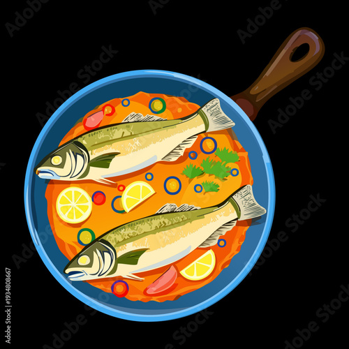 Pan Seared Fish with Tomatoes and Lemon in Black Skillet for Healthy and Tasty Seafood Meal - Vector Illustration