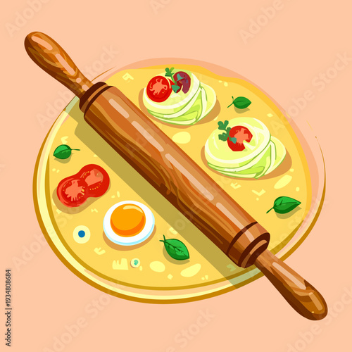 Preparing Pizza Dough with Rolling Pin and Fresh Ingredients for Homemade Italian Dinner Recipe Concept - Vector Illustration