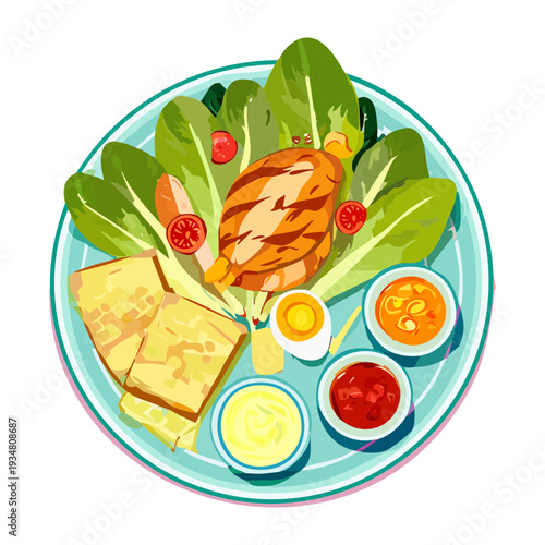 Roasted Chicken with Vegetables and Dipping Sauces for Nutritious High Protein Healthy Family Dinner Meal - Vector Illustration