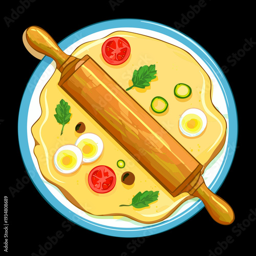 Kneading Pizza Dough with Rolling Pin and Fresh Herbs for Authentic Mediterranean Style Cooking Project - Vector Illustration