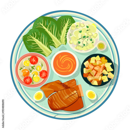 Fresh Vegetable Salad with Chicken and Eggs for Healthy Low Calorie Dieting and Nutrition Plan - Vector Illustration
