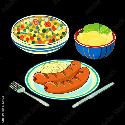 Roasted Sausages with Mashed Potatoes and Vegetables for Hearty and Nutritious Family Dinner Feast Meal - Vector Illustration