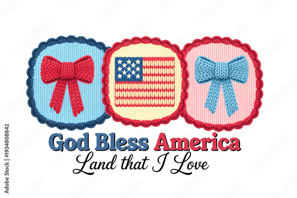Obraz premium God Bless America patriotic bows t_shirt design with red ribbon, American flag, and blue bow isolated on transparent background