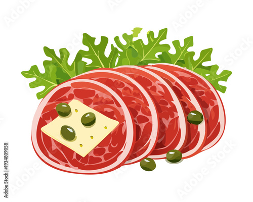 Sliced savory meat roll with herbs and cheese filling served on a white plate for gourmet appetizer menu - Vector Illustration
