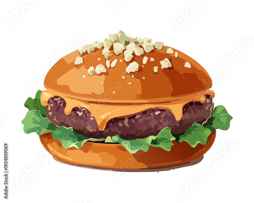 Delicious beef burger with fresh lettuce tomato and melted cheese on a soft sesame seed bun for lunch - Vector Illustration