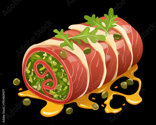 Sliced meat loaf roll wrapped with bacon and filled with spinach and cheese on a black surface - Vector Illustration