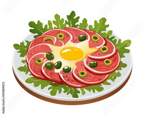 Fresh tomato and cucumber salad with boiled egg and greens on a decorative plate for healthy eating concept - Vector Illustration