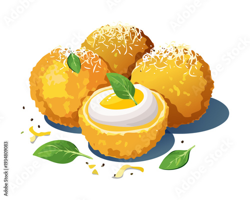 Fried scotch eggs with creamy dipping sauce and fresh herb garnish served as a savory breakfast snack - Vector Illustration