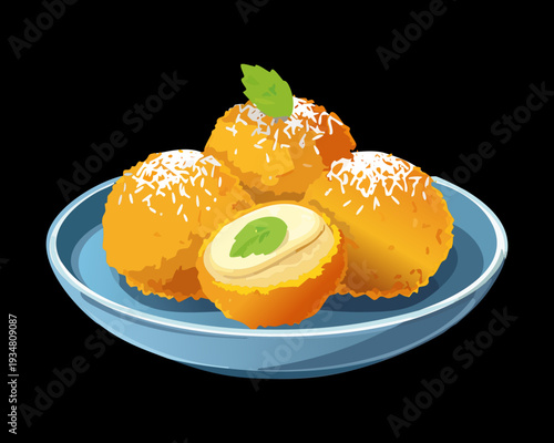 Deep fried cheese balls or arancini served on a blue plate against a dark elegant background surface - Vector Illustration