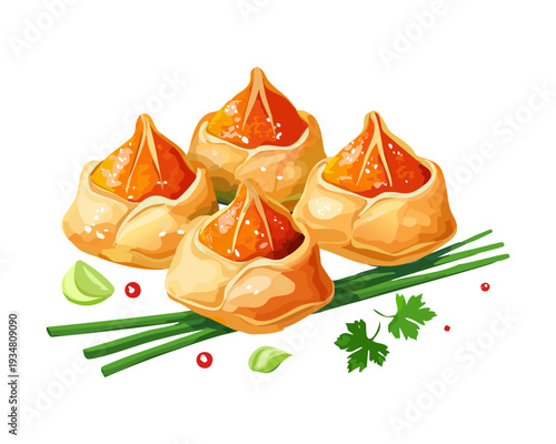 Crispy fried dumplings or wontons served with fresh herbs and garnishes for a traditional asian appetizer dish - Vector Illustration