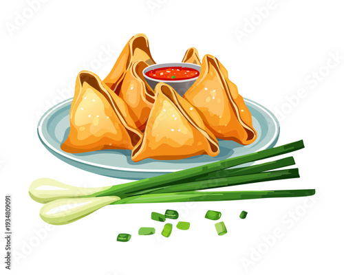 Golden brown fried samosas with spicy filling and fresh green onions served on a plate for snack - Vector Illustration