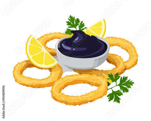 Heap of golden fried calamari rings with lemon wedges and black dipping sauce for seafood lovers menu - Vector Illustration