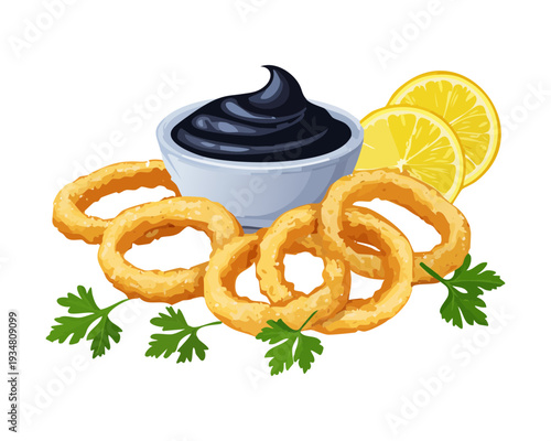 Crispy fried onion rings with dark dipping sauce and fresh lemon slices for a classic pub appetizer - Vector Illustration
