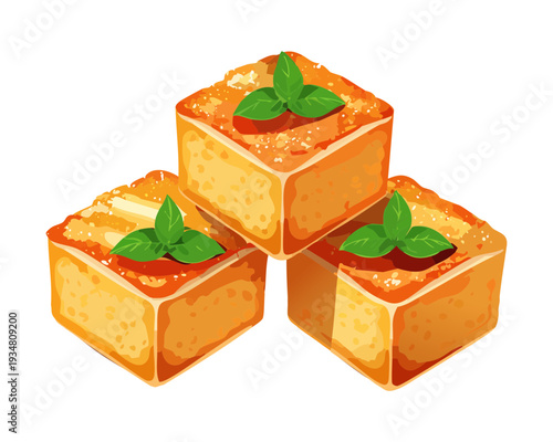 Golden fried tofu cubes stacked neatly with fresh herb garnish for a healthy vegetarian snack plate - Vector Illustration