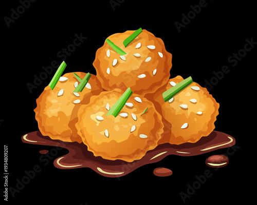 Crispy fried cheese bites with dark savory sauce garnish served on a dark elegant surface - Vector Illustration